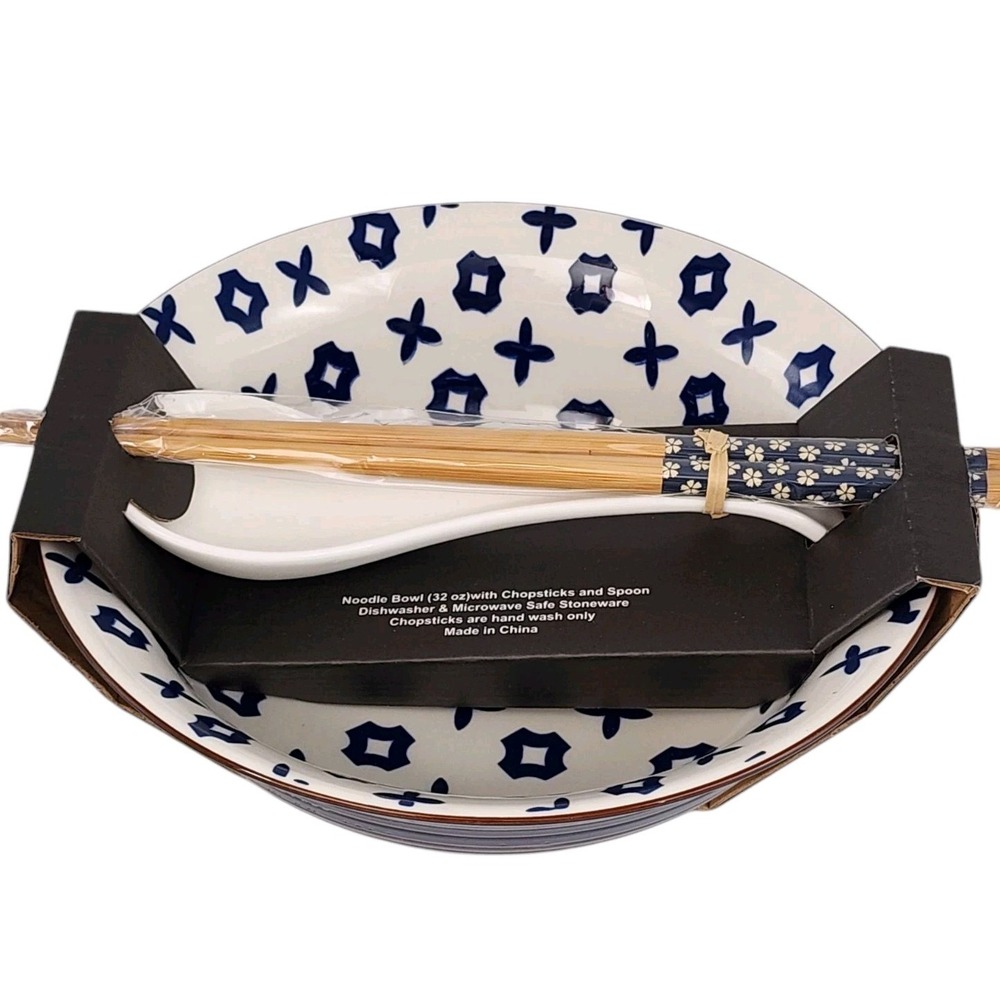 SH Home Blue‎ Chinese Ceramic Ramen Noodle Bowl 32oz With Chopsticks And Spoon